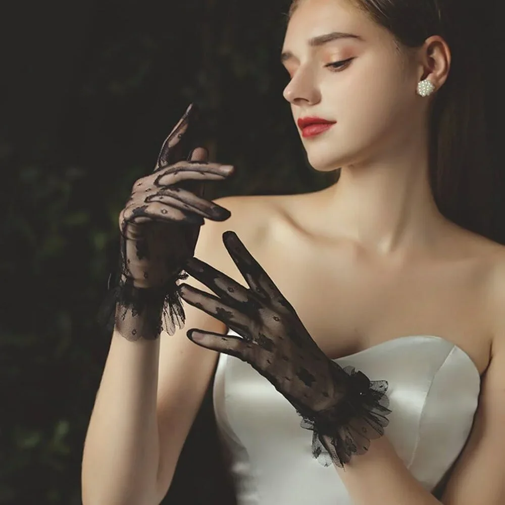 Women's Black#1 Evening Short Bow Pearls Lace Ruffle Gloves Wedding Party Prom